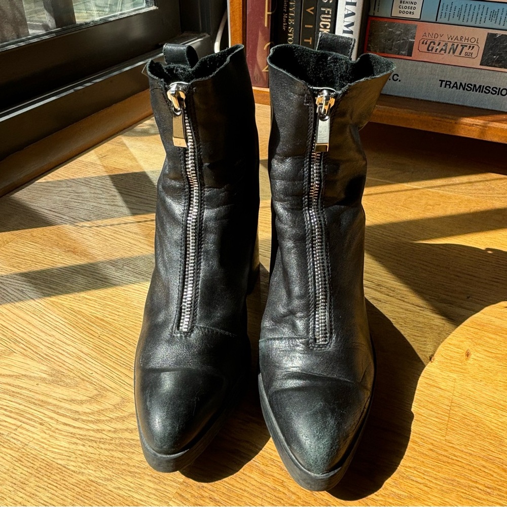 ZARA Black Leather Zipper Heeled Boot Size 39